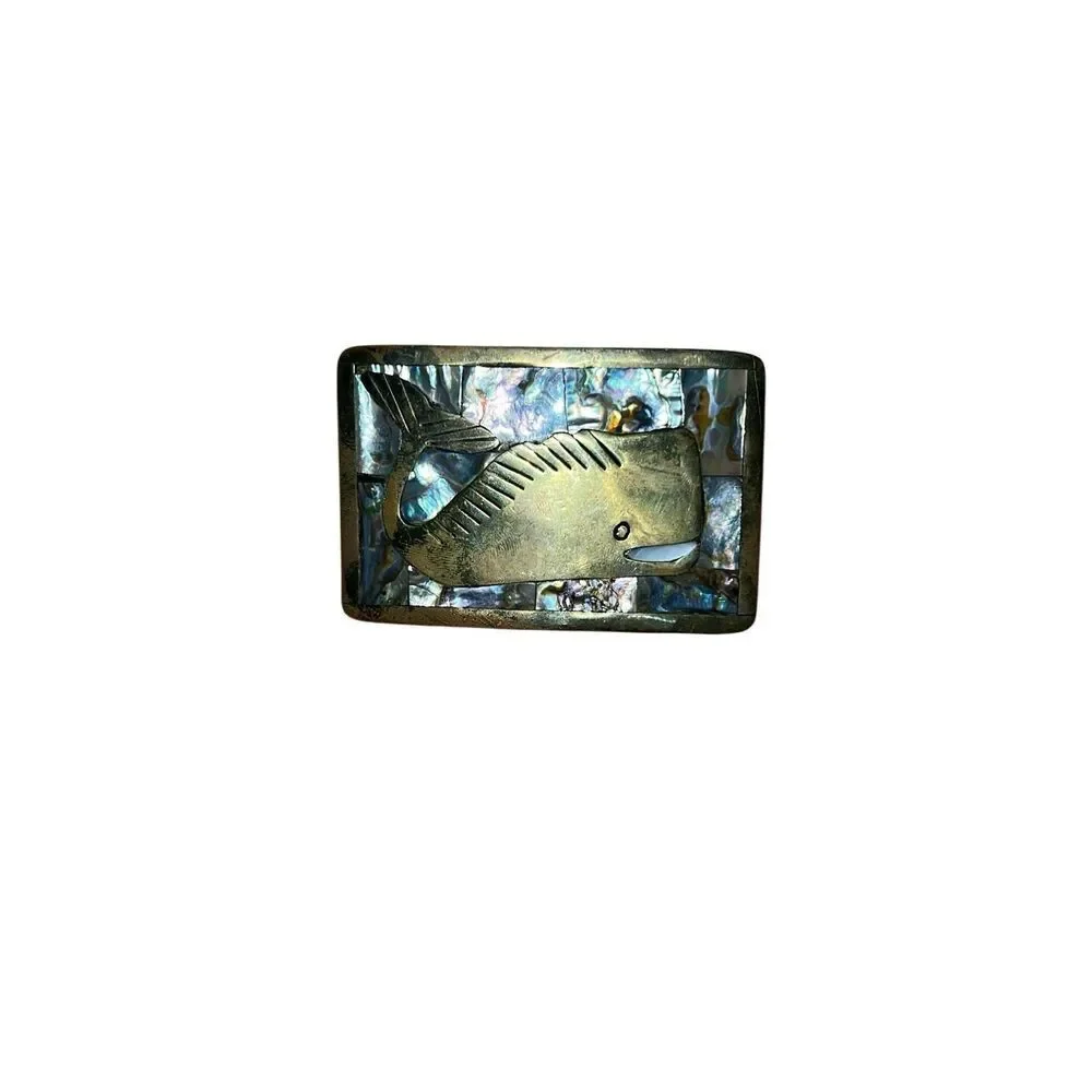 Vintage Brass Whale Belt Buckle Shell Inlay 1970’s Mexico